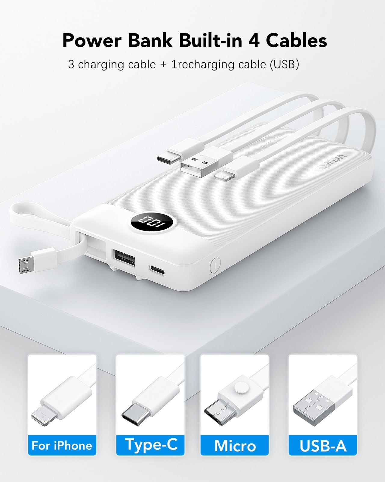 VRURC Portable Charger Built in Cables, Slim Power Bank 10000mAh, Multi Devices Charging Bank with Lanyard, USB C Battery Pack 5 Outputs for iPhone 17 Pro 17 16 15 14 13, Samsung Phones-White(1 Pack)