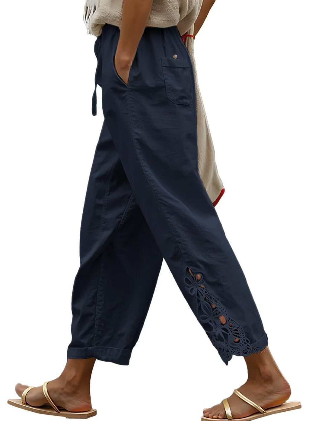Acelitt Womens Casual Linen Pants Lightweight Drawstring Elastic Waist Fall 2026 Beach Ankle Capri Pants Trousers Blue Medium