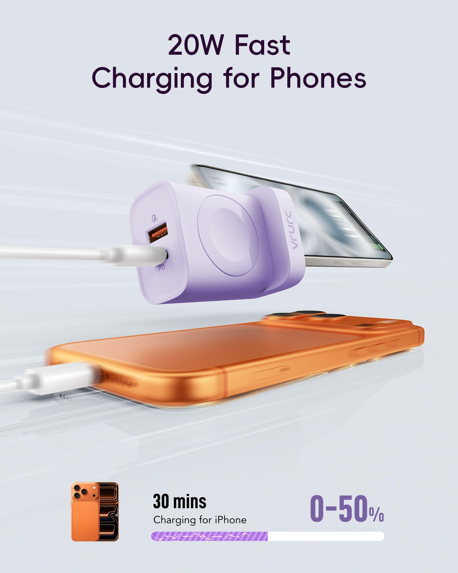 VRURC Charger for iPhone & Apple Watch, 20W USB C Fast Charging Block, 3-in-1 Compact Travel Adapter with 2 Port for iPhone 17/16/15/14/13, Wireless Magnetic for iWatch SE/11/10/9/8/7/6/5/4-Purple