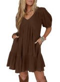 Acelitt Women's Summer Dresses 2026 Beach Casual Deep V Neck Loose Sundress Short Sleeve Mini Dress with Pockets Chicory Coffee Small