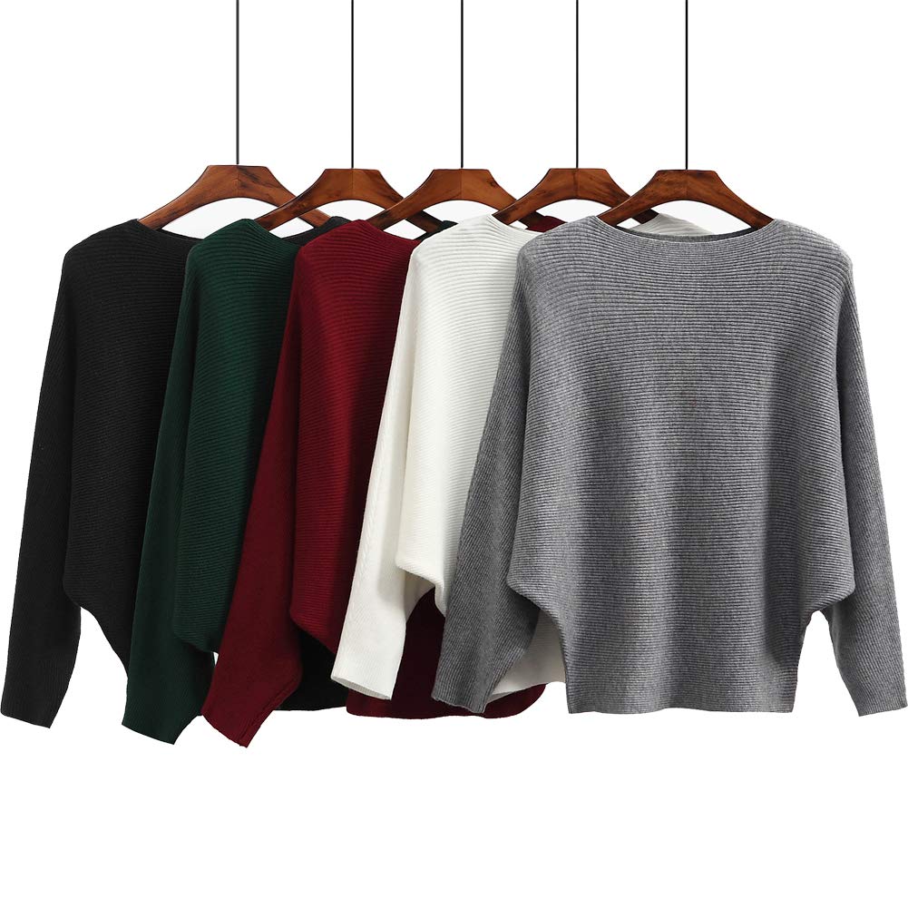 Ckikiou Womens Lightweight Oversized Boat Neck Sweaters Tops Dolman Batwing Sleeve Ribbed Knitted Pullovers Red
