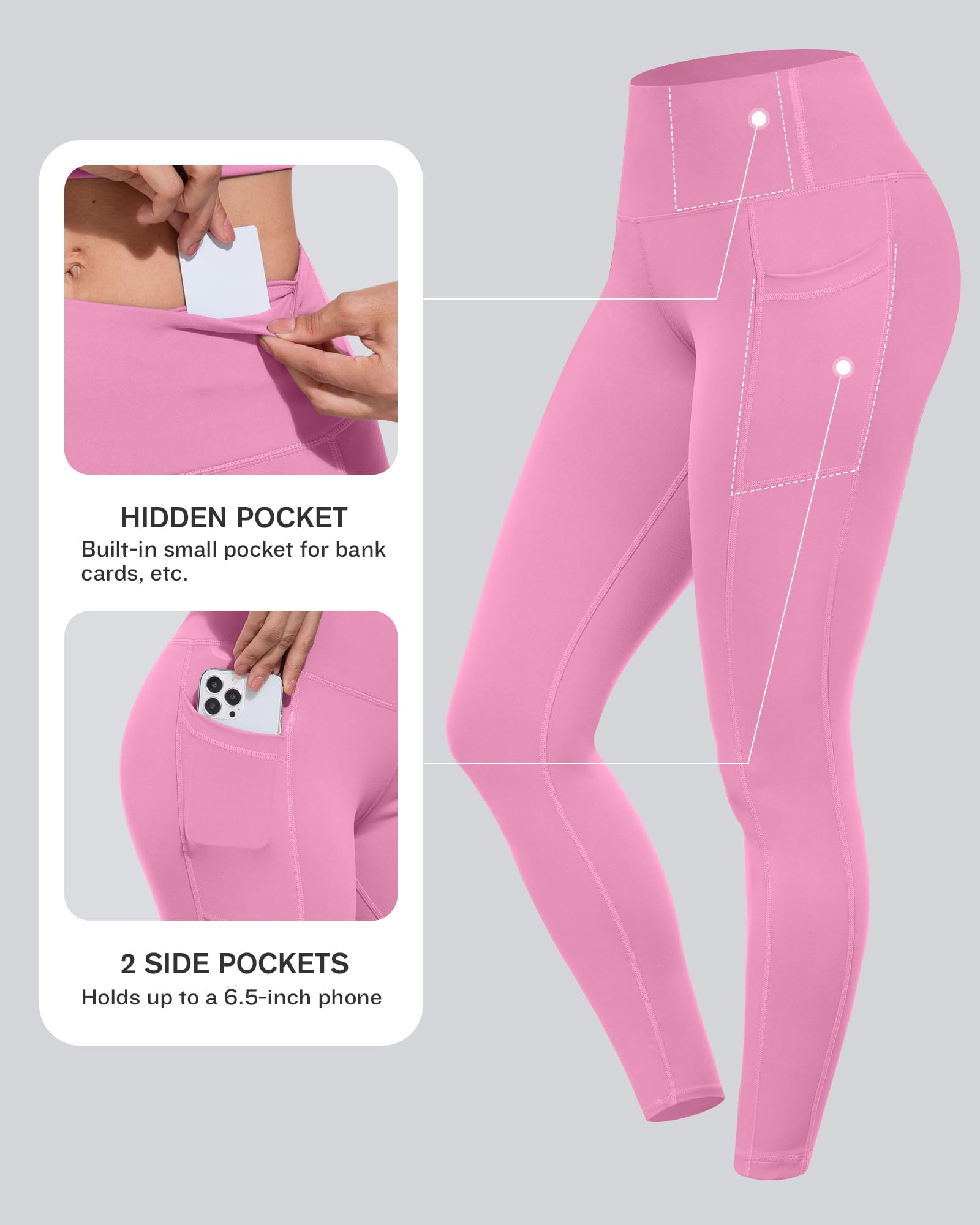 CHRLEISURE Leggings with Pockets for Women, High Waisted Tummy Control Workout Yoga Pants(5 Packs, Blue,Green,Pink,Rose,Violet, M)