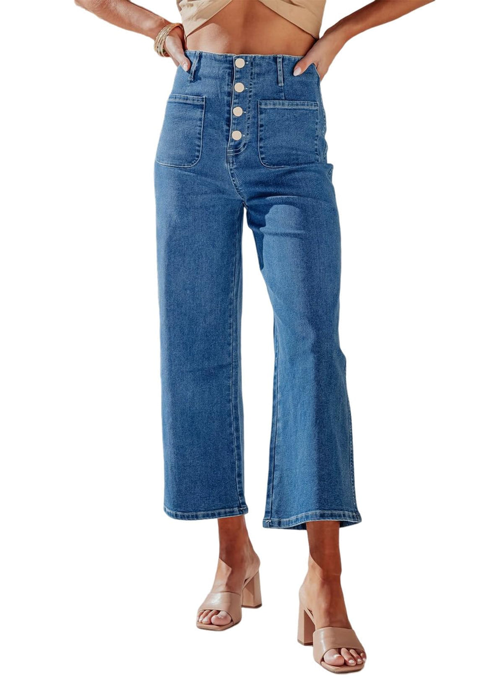 Sidefeel Women's Wide Leg Jeans High Waisted Stretchy Straight Leg Jeans Buttoned Loose Denim Pants with Pocket Blue Size 6