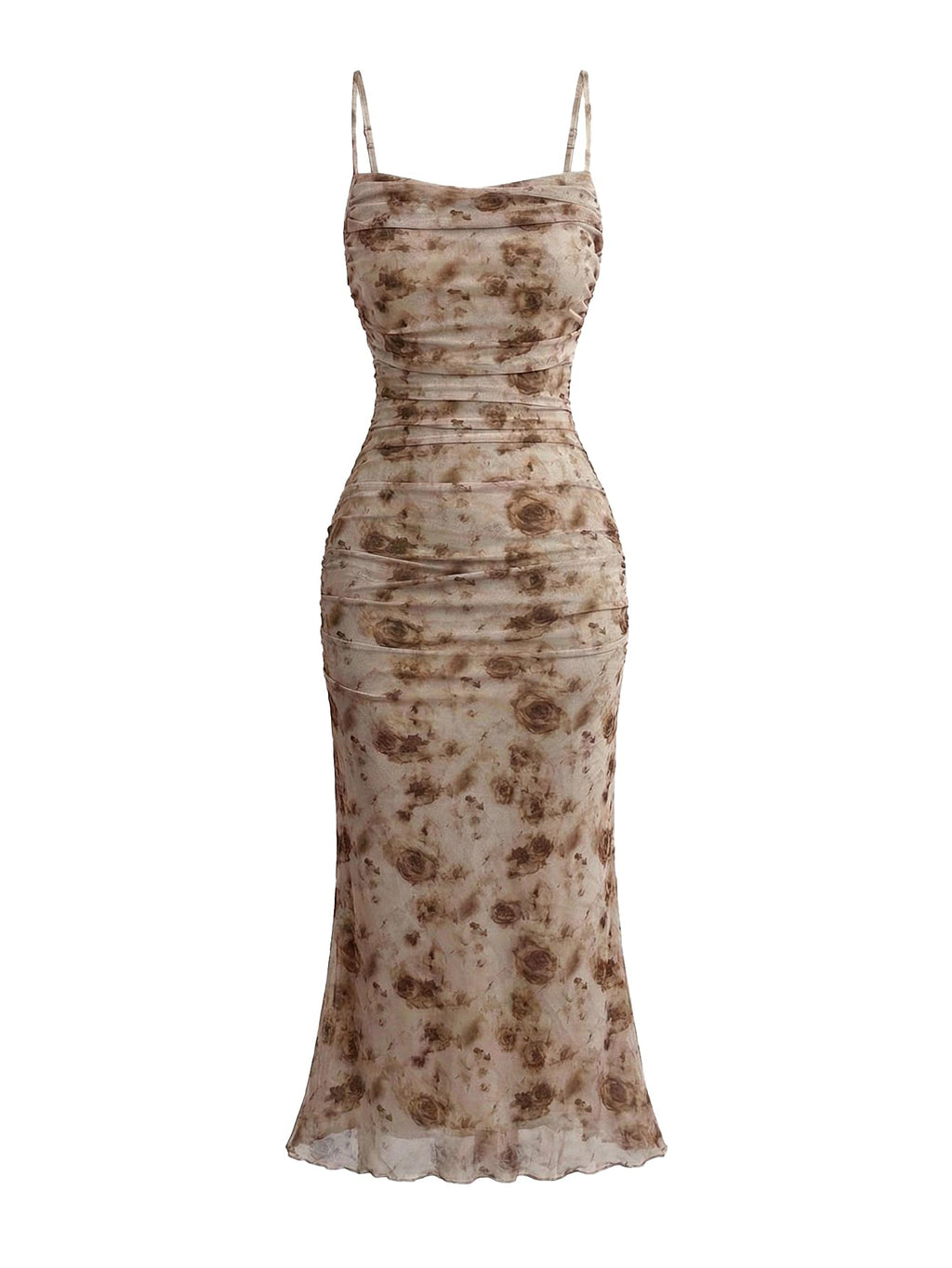 GORGLITTER Women's Floral Ruched Bodycon Midi Dress Mesh Sleeveless Fishtail Cami Dresses Khaki Small