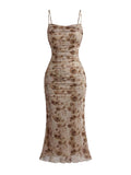 GORGLITTER Women's Floral Ruched Bodycon Midi Dress Mesh Sleeveless Fishtail Cami Dresses Khaki Small