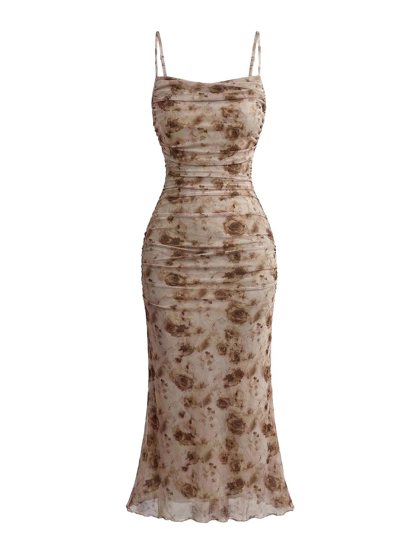GORGLITTER Women's Floral Ruched Bodycon Midi Dress Mesh Sleeveless Fishtail Cami Dresses Khaki Small