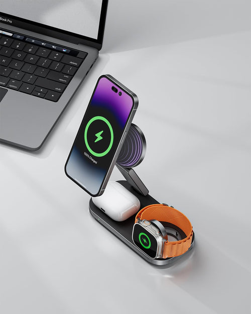 3-in-1 Charging Station for Apple Device, Qi2 25W Magnetic Wireless Foldable Fast Charger Stand Compatible with MagSafe for iPhone Air/17/16/15/14/13/12 Series, Apple Watch & AirPods