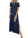 ANRABESS Womens Summer Casual Maxi Dress Short Sleeve Crewneck Split Wrinkle-Free Travel Long Sundress Beach Vacation Clothes Navy Blue Large