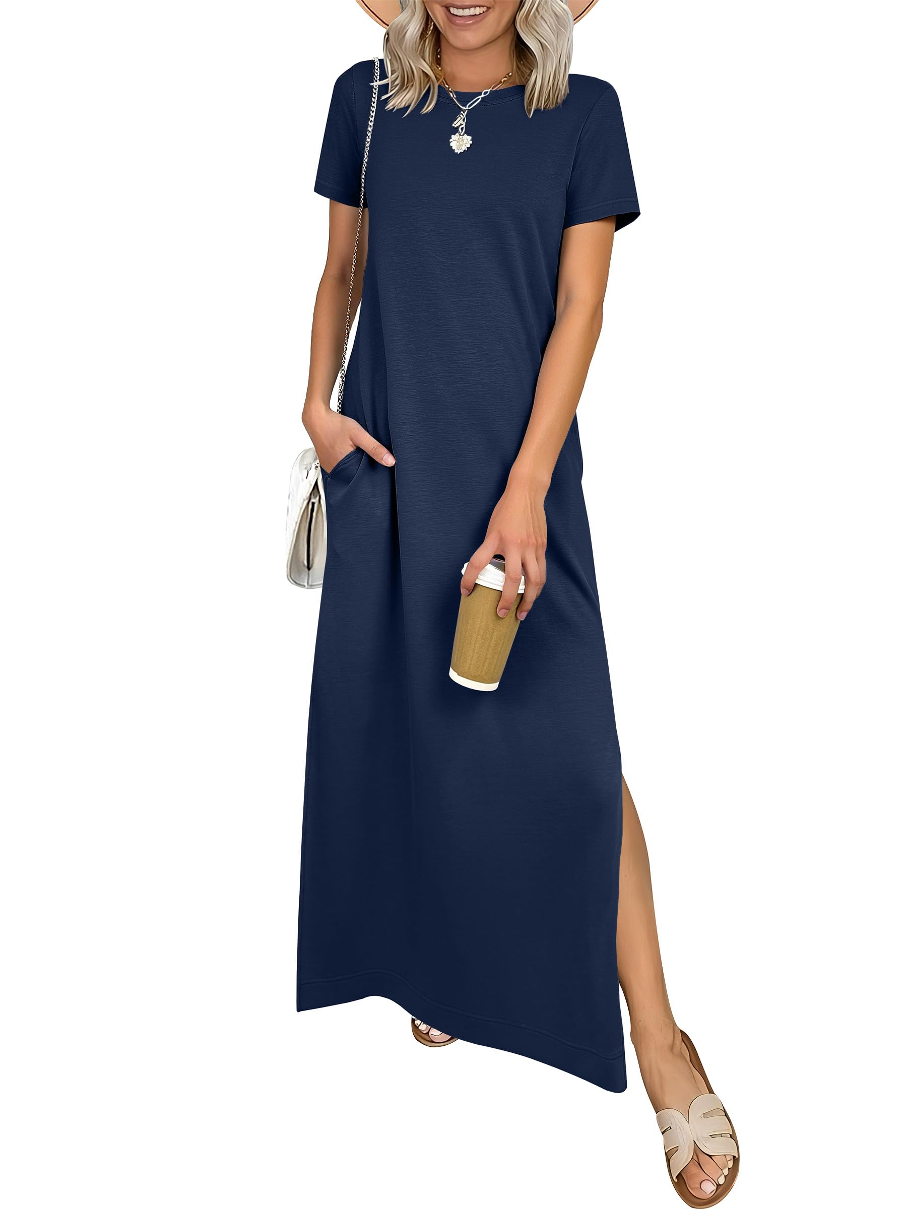 ANRABESS Womens Summer Casual Maxi Dress Short Sleeve Crewneck Split Wrinkle-Free Travel Long Sundress Beach Vacation Clothes Navy Blue Large