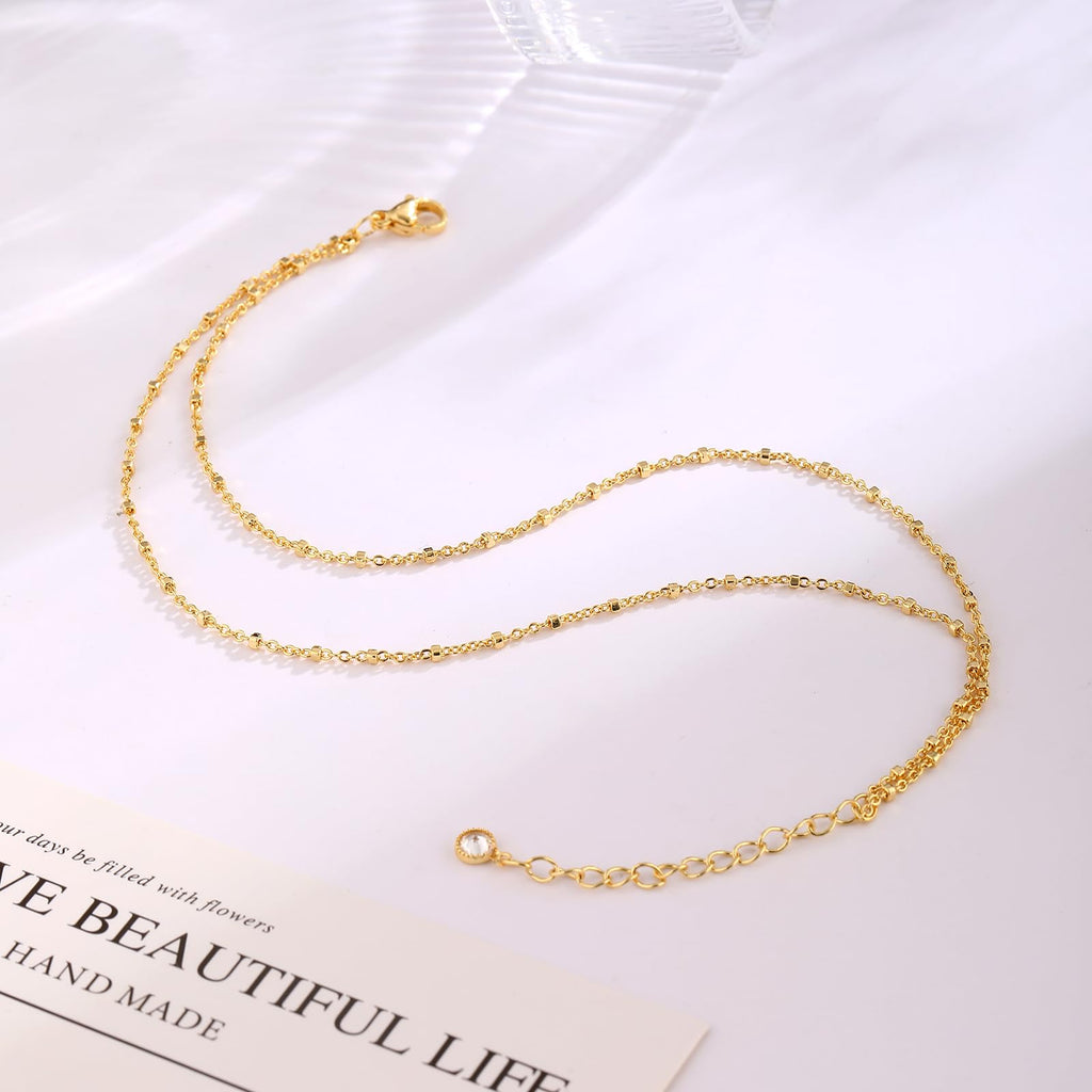 MIDEEO Gold/Silver Ankle Bracelets for Women,14K Gold Anklets for Women Waterproof Cuban Link Heart Beads Herringbone Rhinestone Anklets Set Layered Anklet Bracelets Gold Jewelry Gift