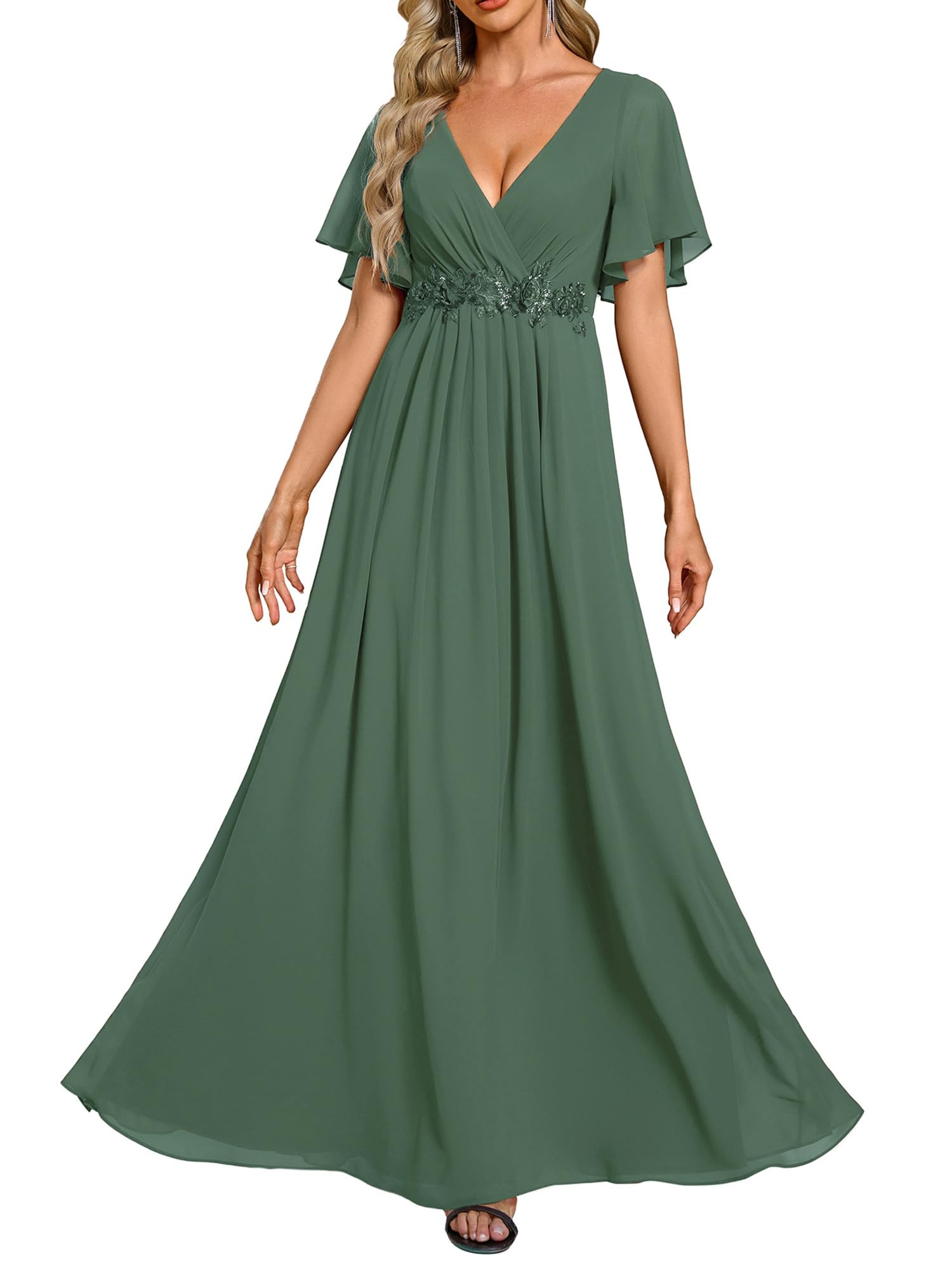 Ever-Pretty Women's Chiffon V-Neck Mother of Bride Dresses A-Line Ruched Short Sleeves Appliques Bridesmaid Dress Formal Gown Eucalyptus Green US12