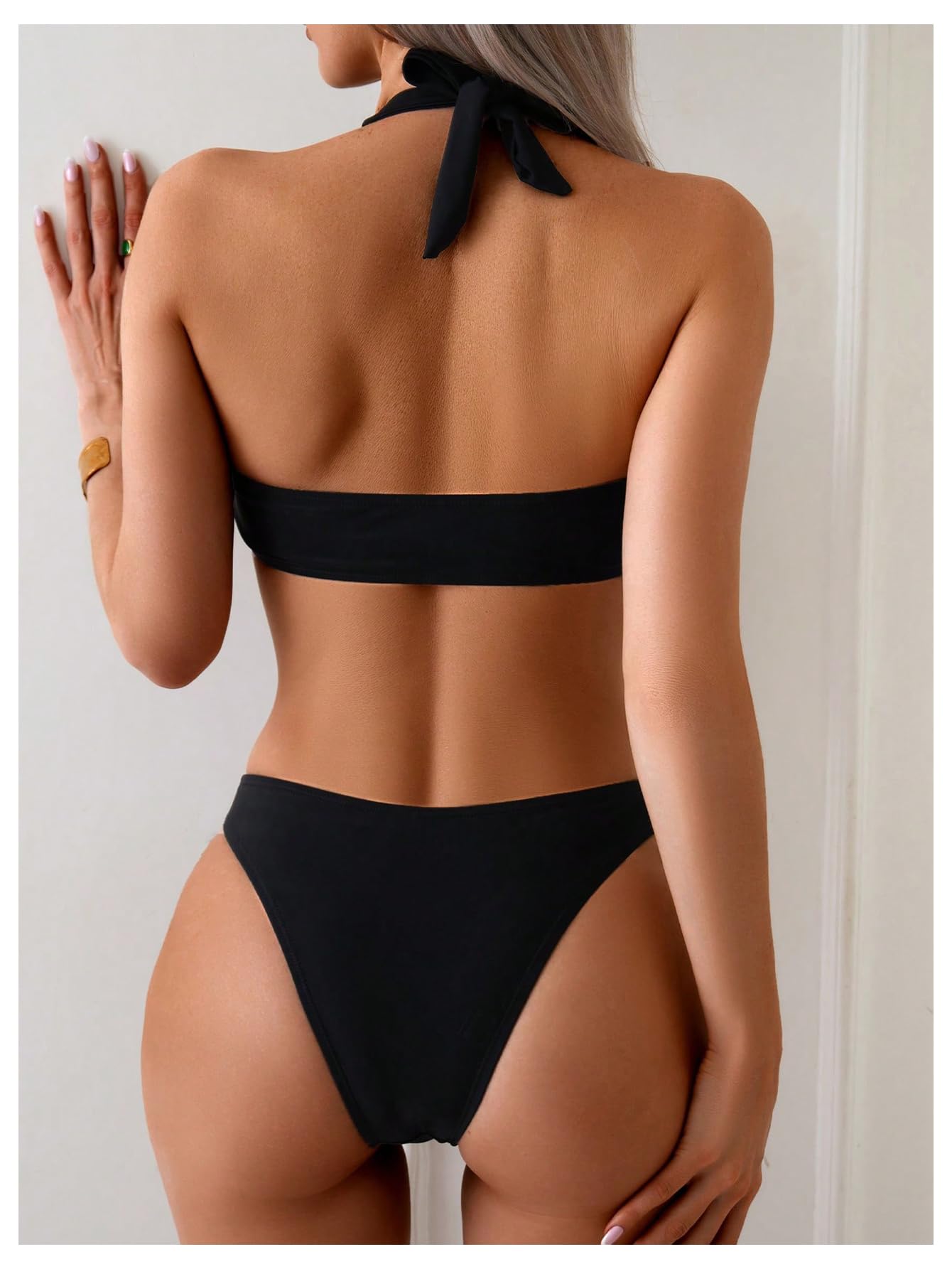 SOLY HUX Women's Halter Bikini Set V Neck Ring Linked Bathing Suit Summer Beach Two Piece Swimsuit Solid Black X-Small