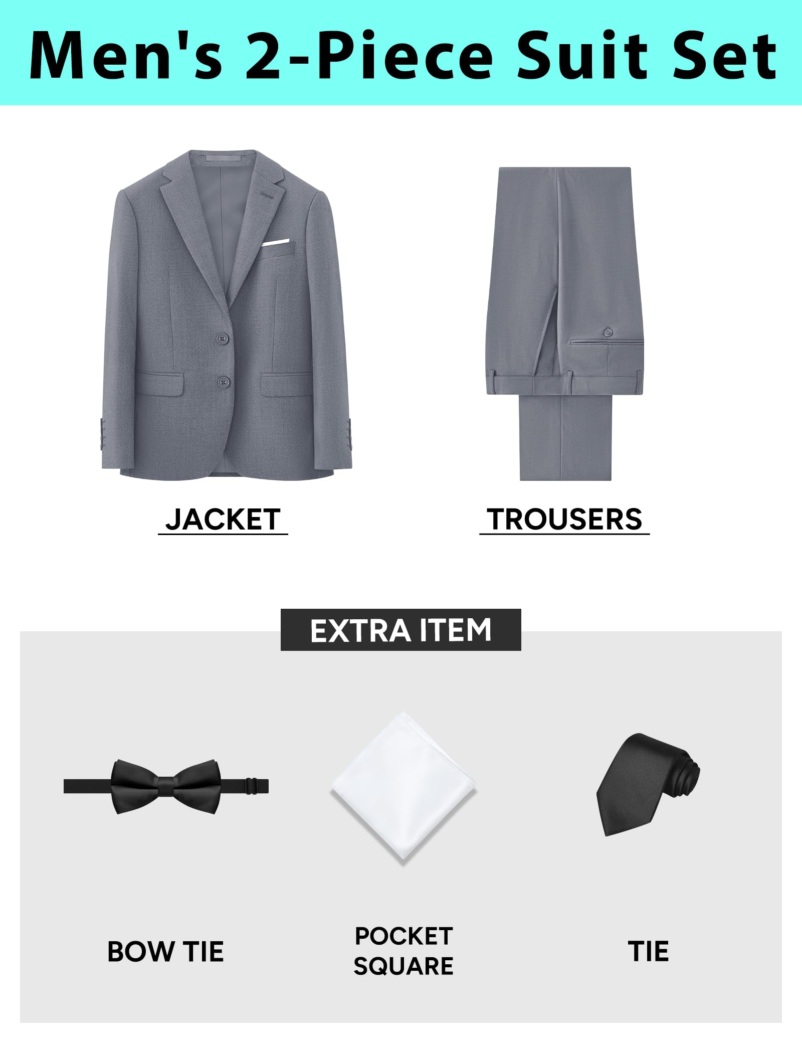 Mens Gray Suit Slim Fit 2 Piece Classic Fit Gray Suit Tuxedo Regular Fit for Young Men Business Wedding Prom Party (Regular,36R)