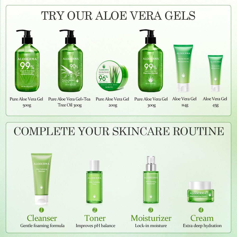 Aloderma Organic Aloe Vera Gel for Face & Body, 96% Pure Aloe Gel Made within 12 Hours of Harvest, Ideal for Skin, Scalp, & Hair Hydration, Calming Moisturizer for Soothing After Sun Care, 7.05oz