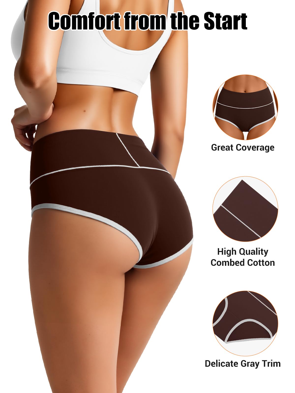 Eadflie Cotton Underwear for Women High Waisted Briefs Stretch Soft Ladies Panties Full Coverage Underpants 5 Pack - Black/Coffee Brown/Camel/Deep Apricot/Heather Gray/S