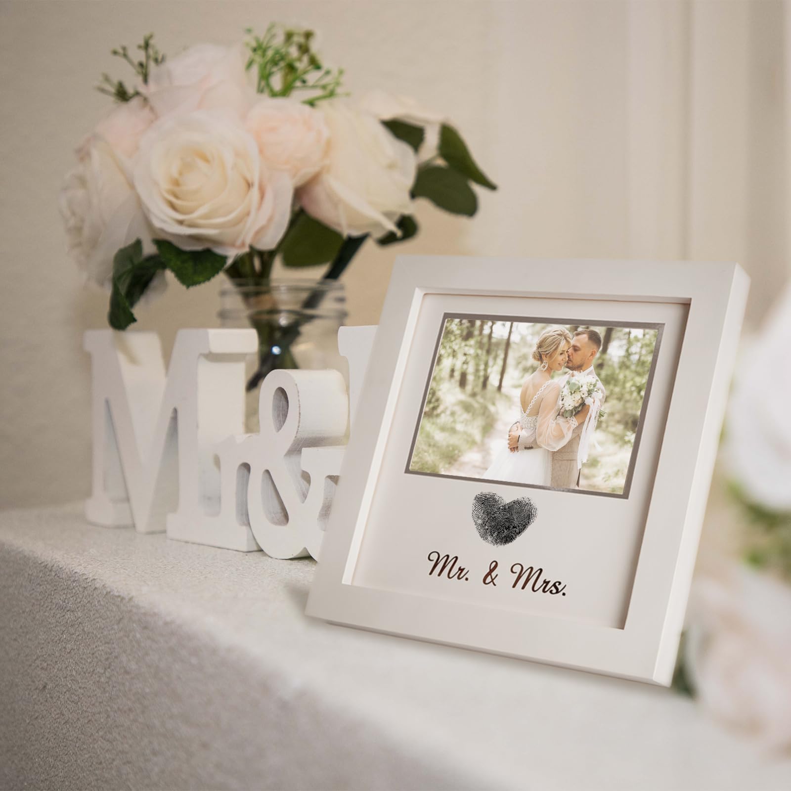 SEEBERY Heart Thumbprint Wedding Picture Frame with Ink Kit, Engagement Gifts for Couples Keepsake Wedding Registry Search Personalized Bridal Shower Gifts for Mr And Mrs Newlywed (White)