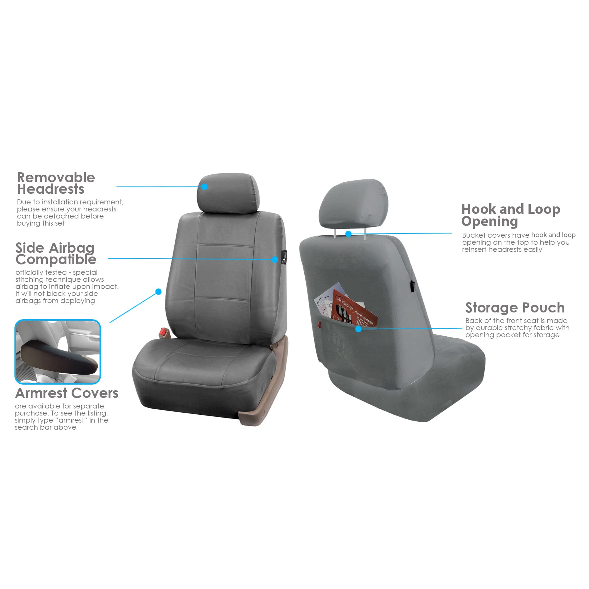 FH Group Classic PU Leather Pair Set Car Seat Covers, Airbag Compatible with Gift - Universal Fit for Cars Trucks & SUVs (Solid Gray) PU002102