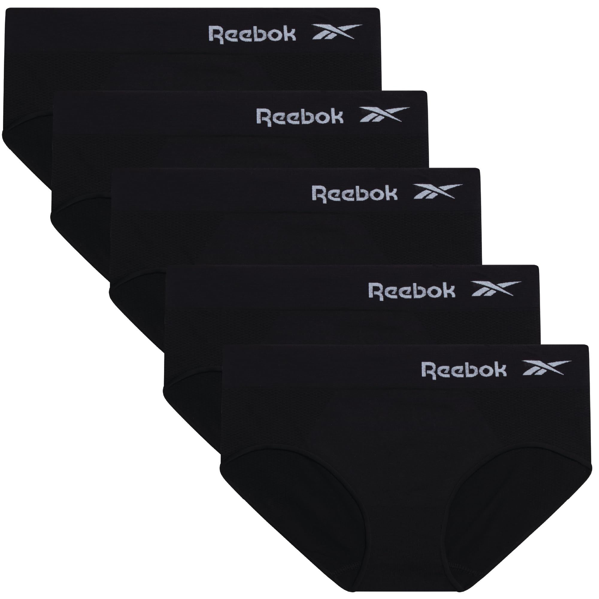 Reebok Hipster Panties for Women - 5 Pack Stretch Performance Seamless Underwear with Relaxed Tag-Free Waistband (S-XL), Size Medium, All Black