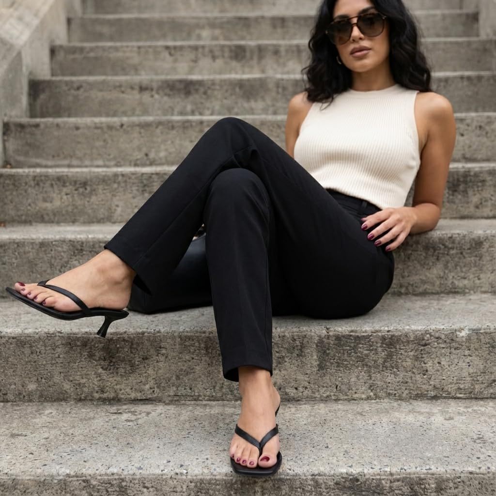 CUSHIONAIRE Miami Kitten Heels for Women, Thong Flip Flop Heeled Sandals with Memory Foam, Slip On Dressy Sandal, EBONY 9.5