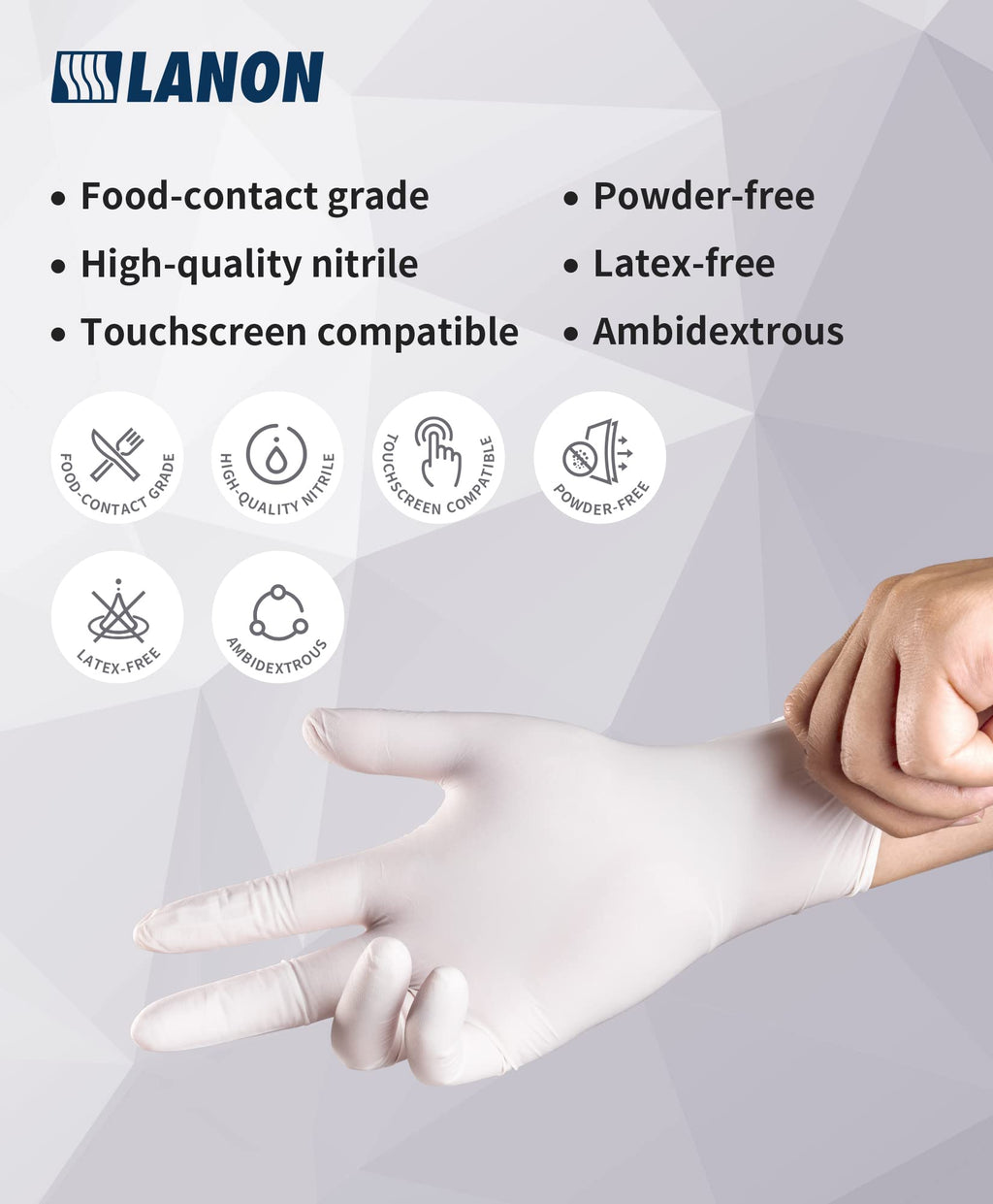 LANON Food Safe White Disposable Nitrile Gloves, Latex-Free, Powder-Free, Textured Fingertips, Cooking, Cleaning, Large