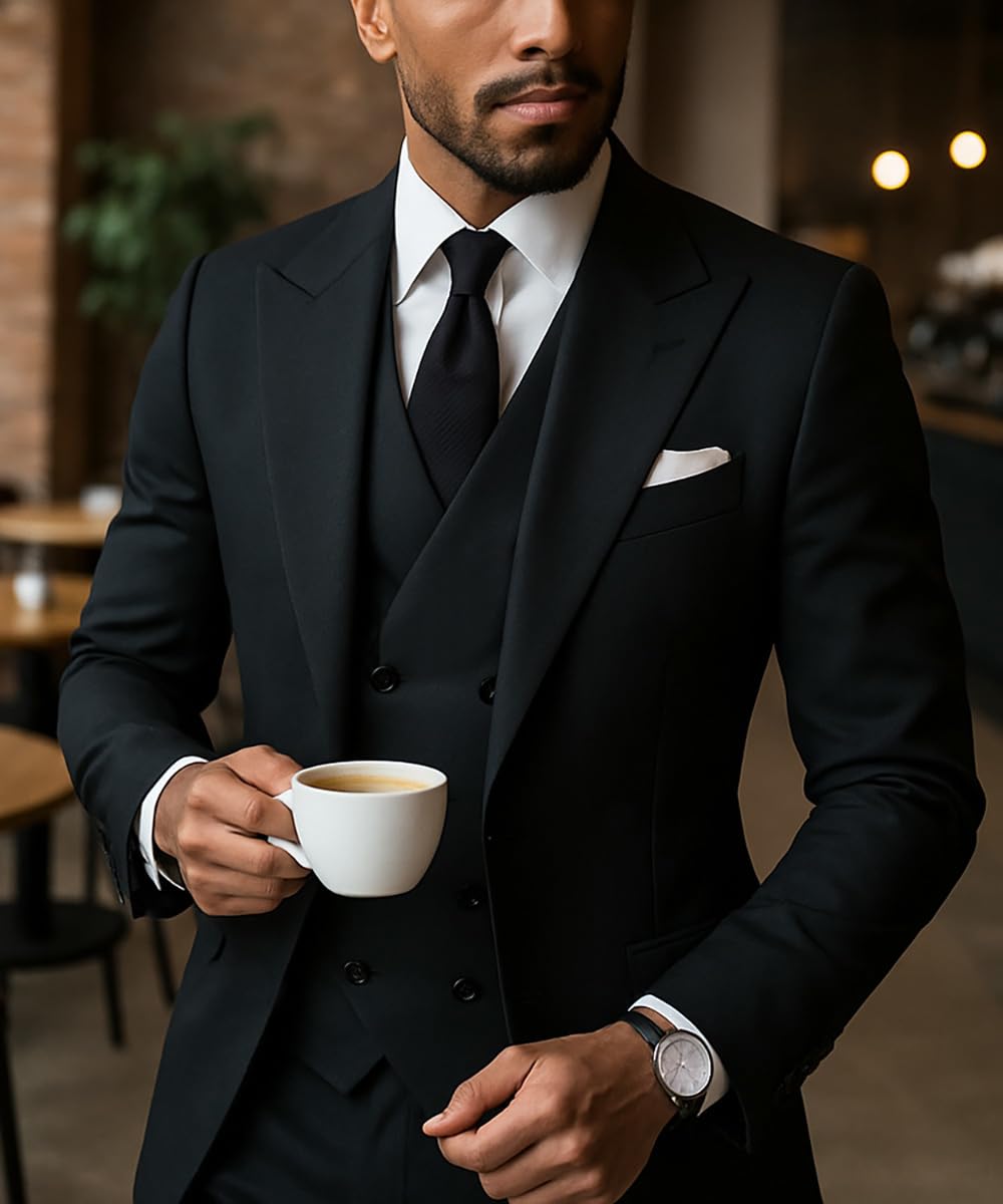 MoranX Men's Suits Regular Fit 3 Pieces Double Breasted Formal Business Tuxedos Blazer Vest Pants for Wedding Grooms(Navy,X-Large)