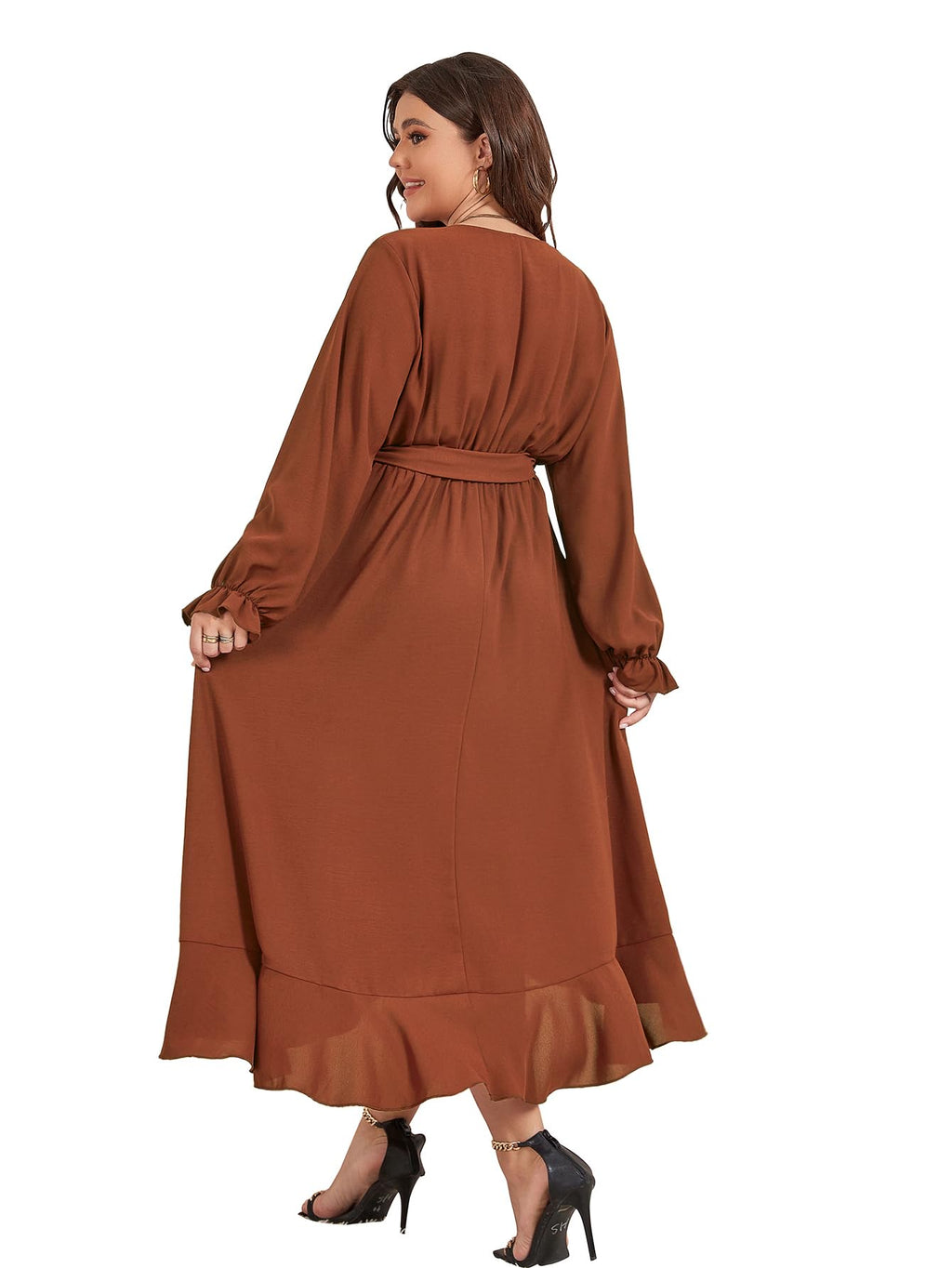 SCOMCHIC Women Plus Size Formal Dresses Fall Long Sleeve Faux Wrap V Neck High Low Ruffle Cocktail Wedding Guest Maxi Dress Rust