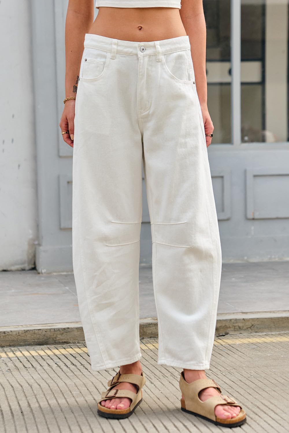 GREAIDEA Mid Rise Barrel Jeans for Women Wide Leg Mid Waist Cropped Denim Pants Y2k Baggy Boyfriend Jeans with Pockets White