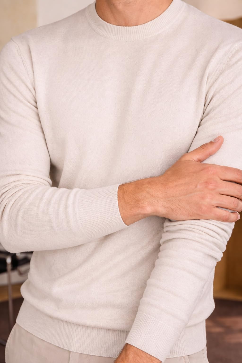 State Cashmere Essential Crewneck Sweater - Long Sleeve Pullover for Men Made with 100% Pure Cashmere Sourced from Inner Mongolia Goats - Soft, Lightweight & Versatile - (Undyed White, Large)