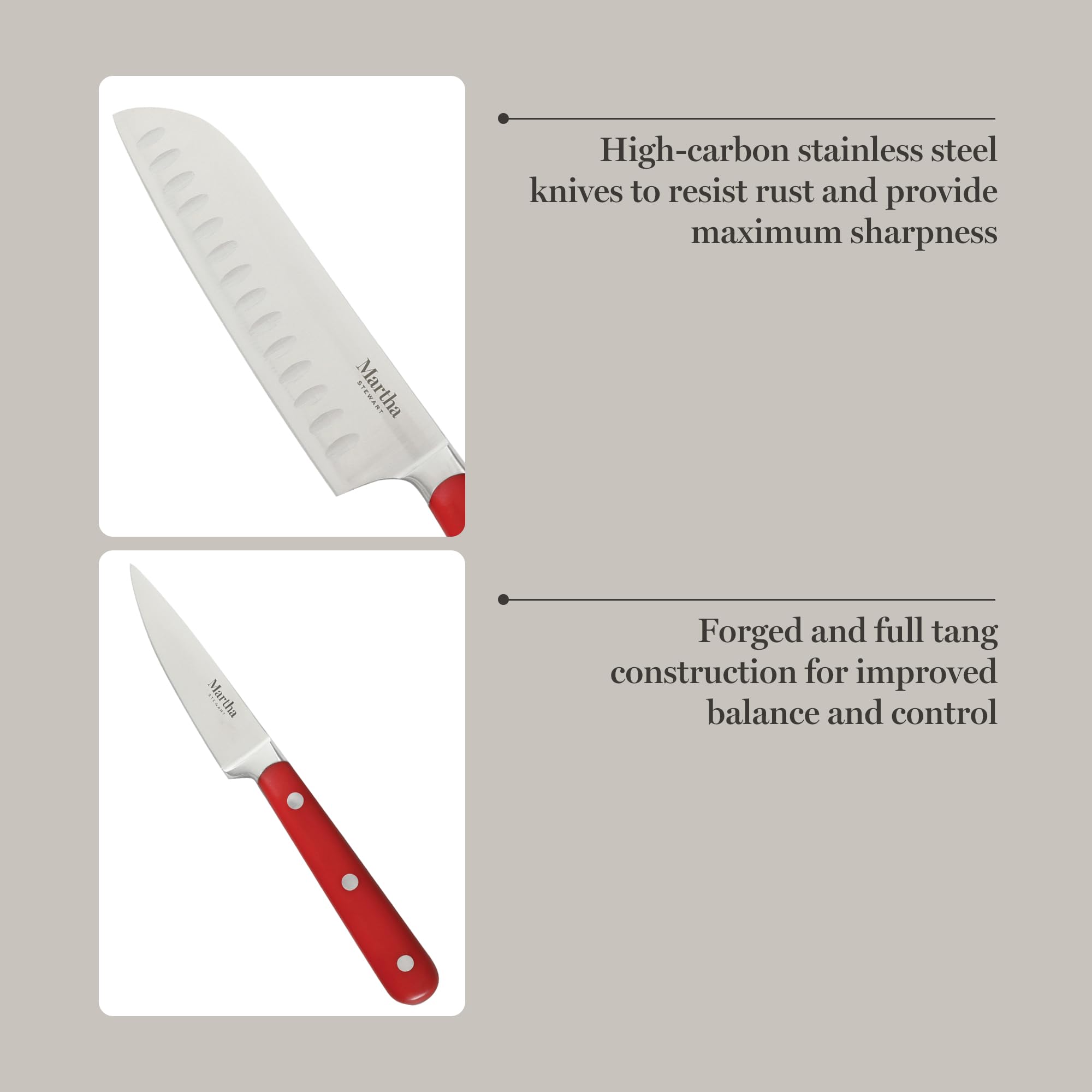 MARTHA STEWART Eastwalk 14 Piece High Carbon Staineless Steel Cutlery Knife Block Set w/ABS Triple Riveted Forged Handle Acacia Wood Block - Red