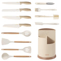 CAROTE 13Pcs Kitchen Utensils Set with 360 Rotating Knife Block, Heat Resistant Cooking Utensils with Wooden Handle, Nonstick Ceramic Surface, Cream White