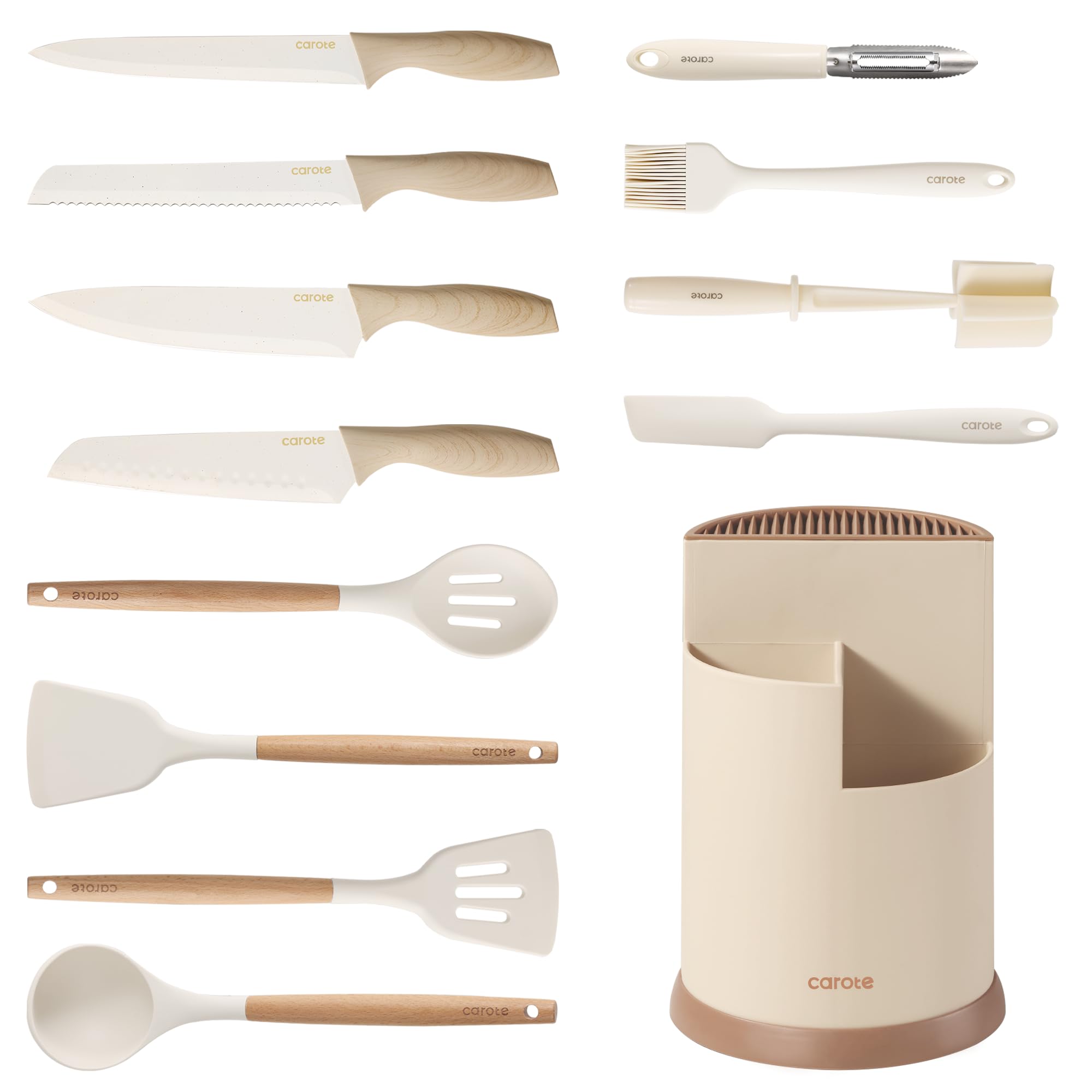 CAROTE 13Pcs Kitchen Utensils Set with 360 Rotating Knife Block, Heat Resistant Cooking Utensils with Wooden Handle, Nonstick Ceramic Surface, Cream White