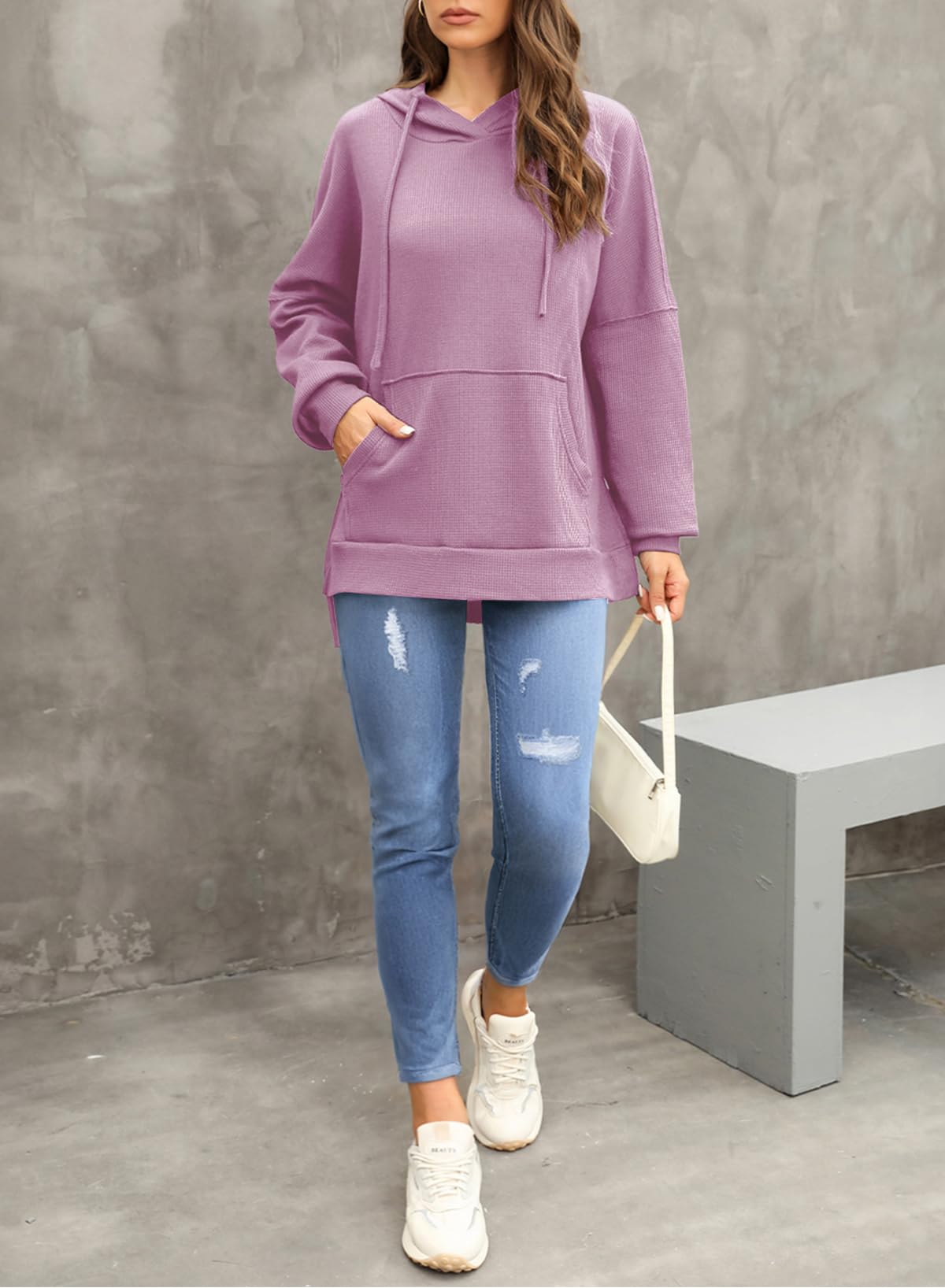 Dokotoo Women Ladies Hoodies Oversized Long Sleeve Sweatshirt for Women 2025 Fashion Fall Plus Size Waffle Knit Winter Clothes Hooded Sweatshirts Casual Loose Hoodie with Pocket Purple Small