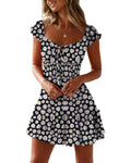YOBECHO Women's Summer Ruffle Sleeve Sweetheart Neckline Printing Dress Mini Dress A-Black