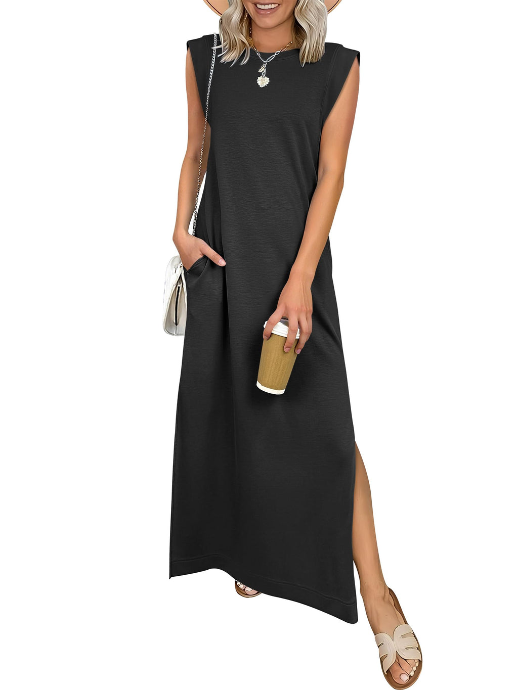 ANRABESS Women Summer Casual Sleeveless Maxi Dress 2026 Crewneck Loose Split Wrinkle-Free Beach Travel Vacation Long Sundress Black Medium