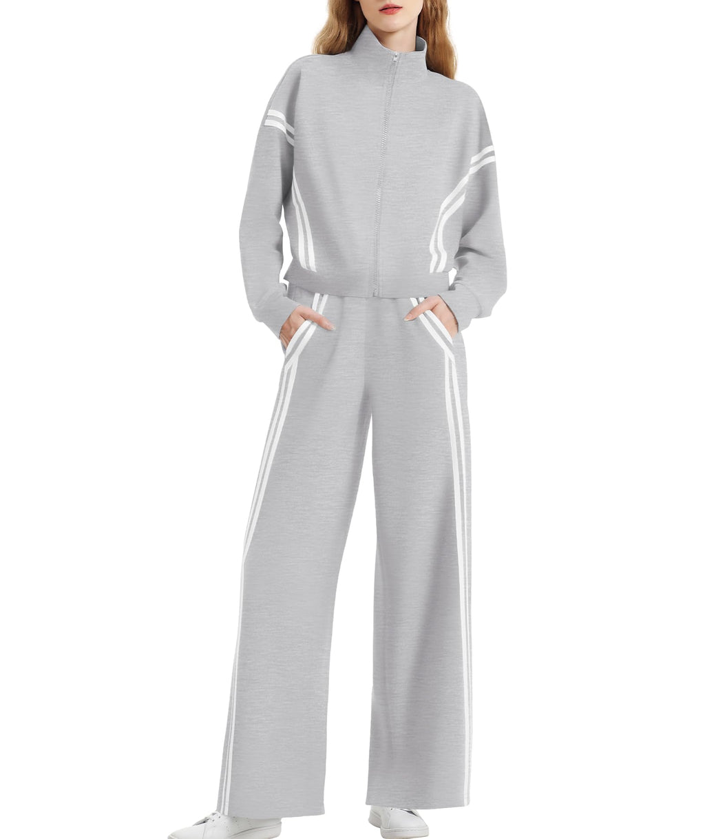 Casly Lamiit Two Piece Sweatsuit for Women Matching Lounge Sets 2025 Fashion Casual Fall Outfits Stripes Track Jackets Sweatpants Track Suit Grey M