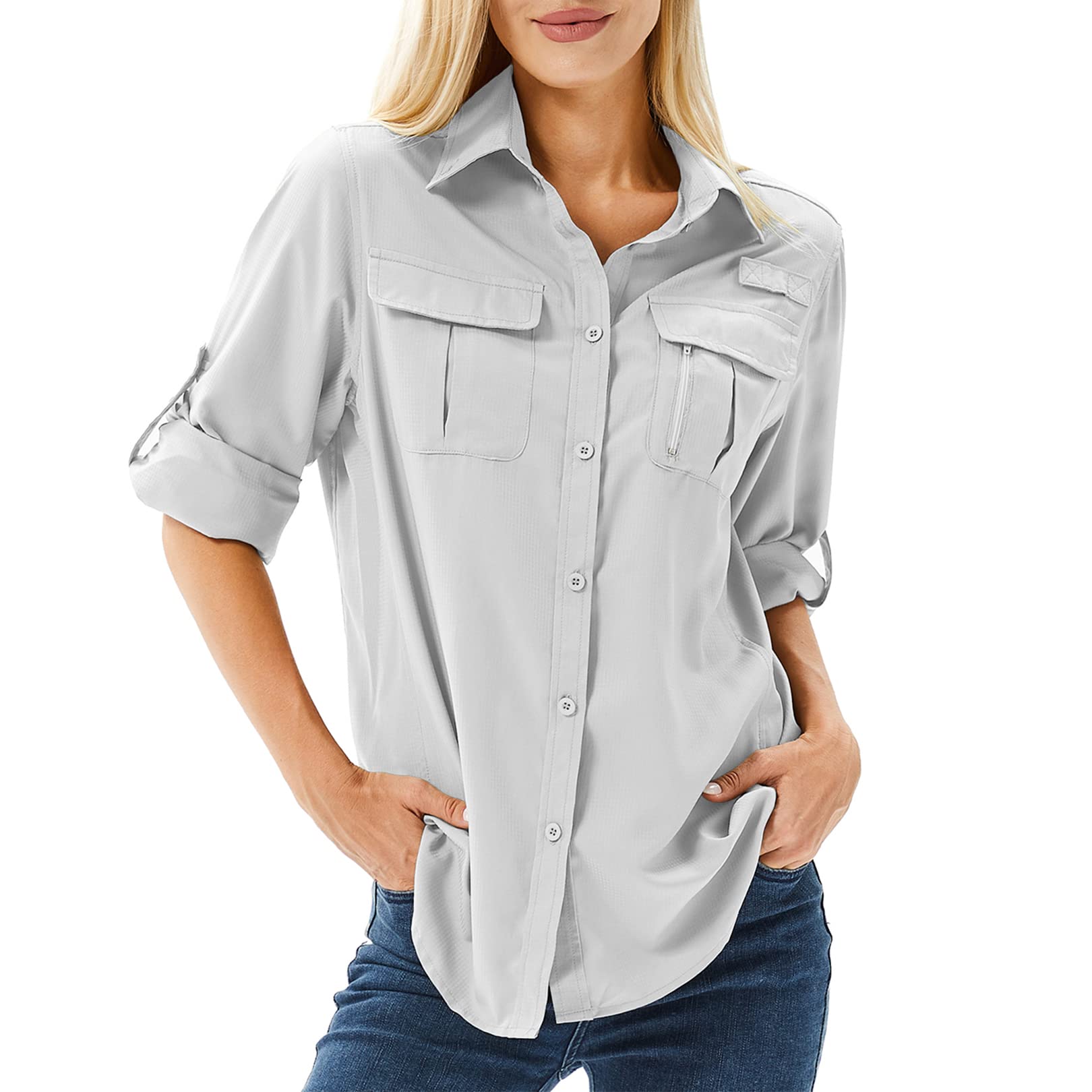 Toumett Women's UPF 50 Long Sleeve UV Sun Protection Safari Shirts Outdoor Quick Dry Fishing Hiking Travel Shirts(5071,Grey,M)