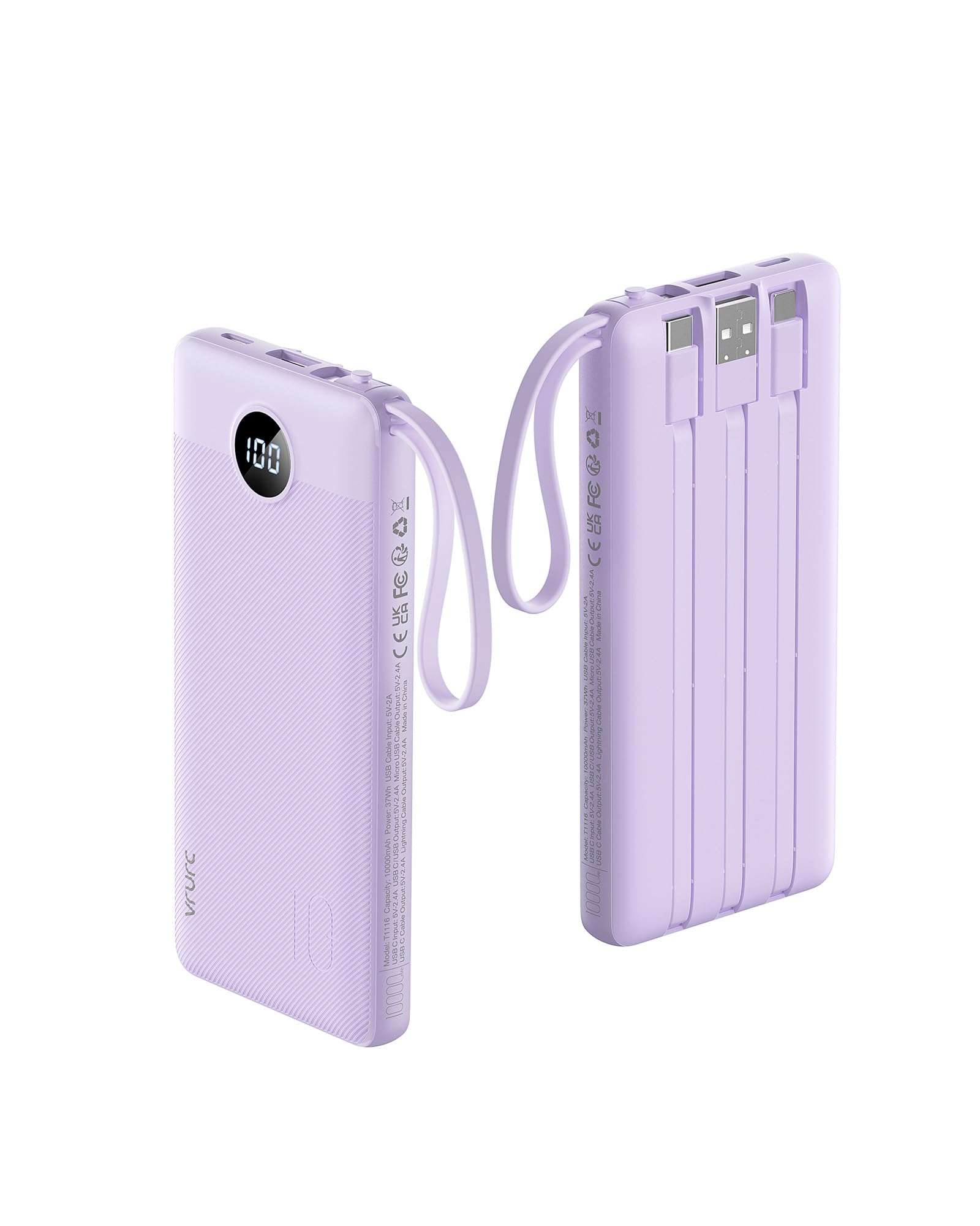 VRURC Portable Charger Power Bank, 10000mAh Travel Essentials Battery Pack, 5 Outputs 2 Inputs Slim Charging Bank Built-in Cables Cords for iPhone 17 16 15 14 13,Samsung,Android-Lavender(1 Pack)