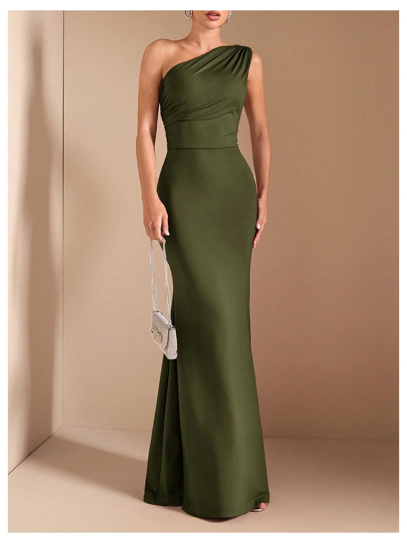 Verdusa Women's One Shoulder Maxi Formal Dresses Tie Backless Wedding Guest Dress Elegant Festival Date Night Outfits Army Green Small