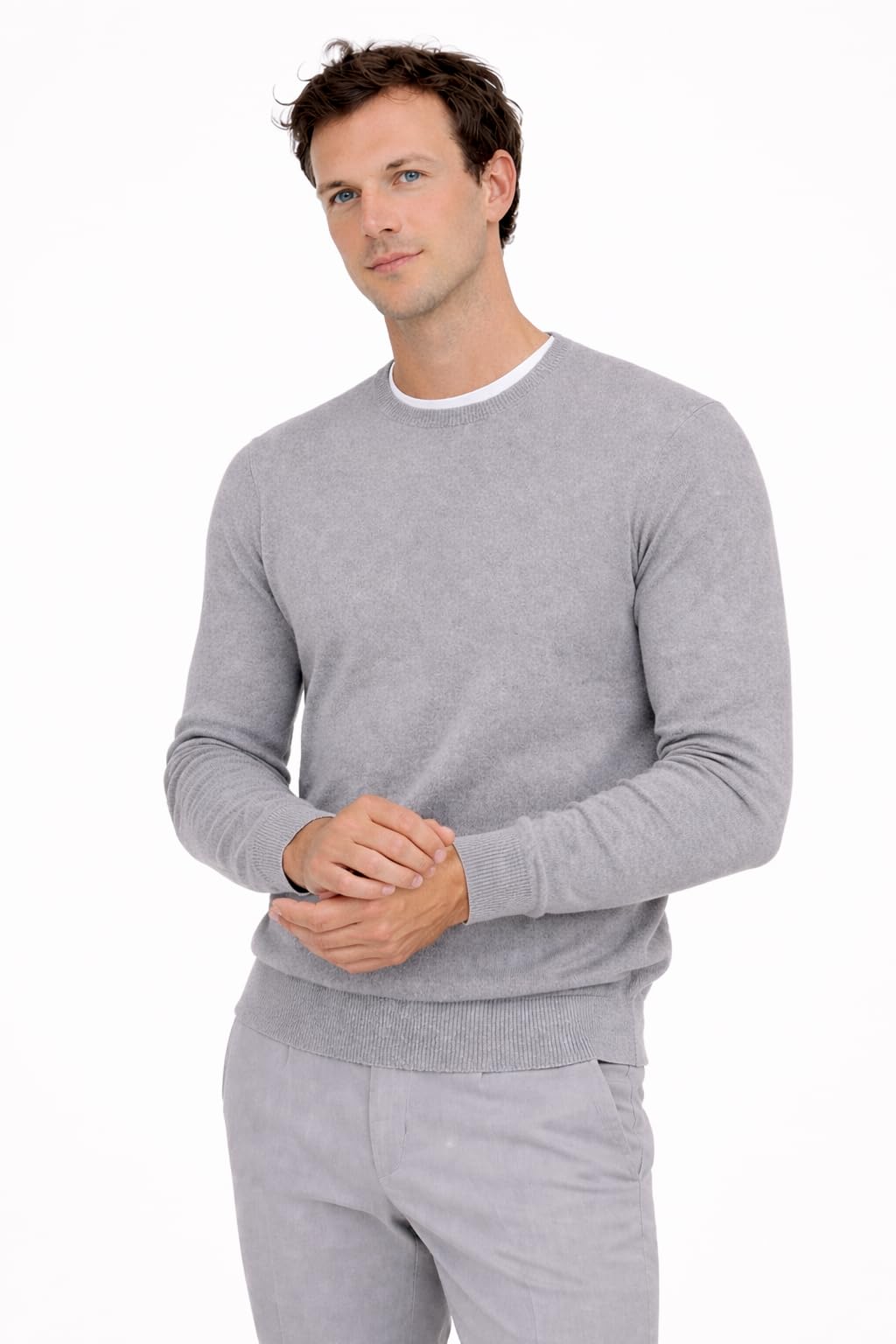 State Cashmere Men's Essential Crewneck Sweater 100% Pure Cashmere Classic Long Sleeve Pullover (Pale Charcoal, Large)