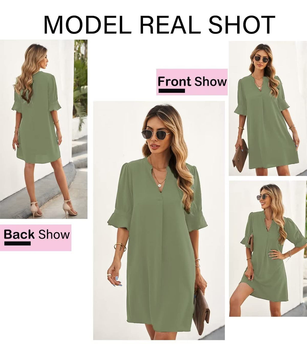 QACOHU Women's Ruffle Dresses Short Sleeve V-Neck Straight Casual Elegant Solid Color Simple Tunic Dress Light Green L
