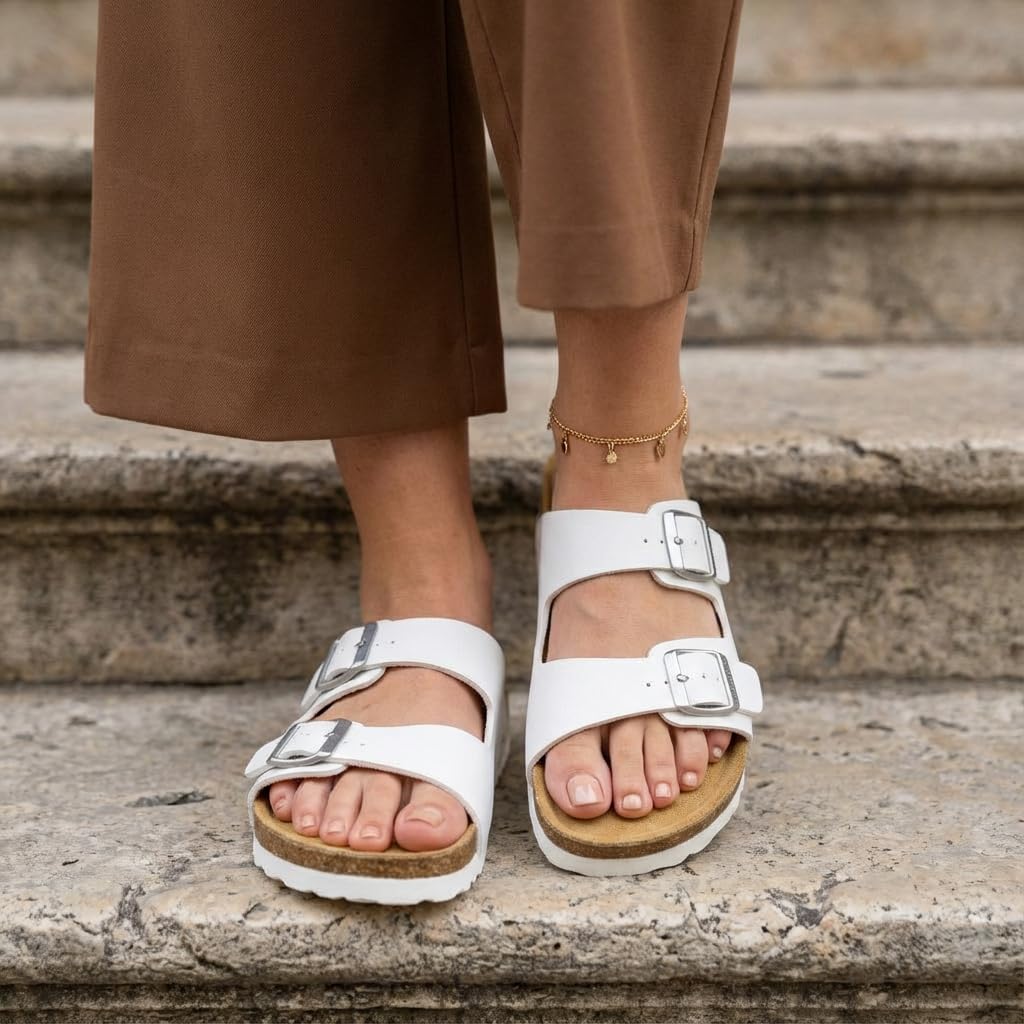 CUSHIONAIRE Lane Cork Footbed Womens Sandals Comfortable Double Buckle Slip On Sandals for Women with Arch Support and Classic Two Strap Design, WHITE 8W