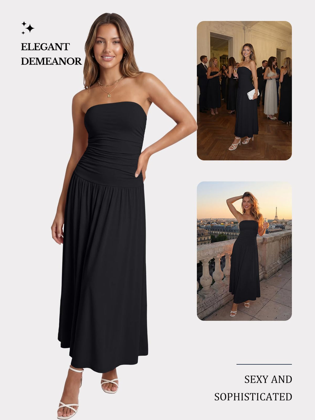Trendy Queen Women Maxi Strapless Summer Tube Top Dress 2026 Ruched A Line Wedding Guest Long Sundress Spring Beach Outfit Black XL