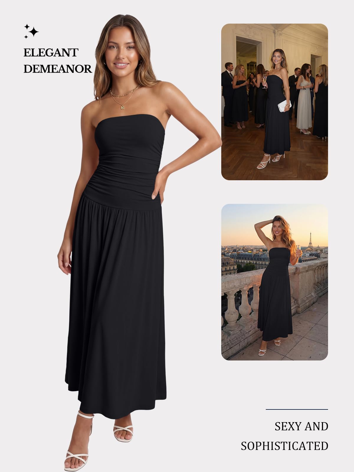 Trendy Queen Women Maxi Strapless Summer Tube Top Dress 2026 Ruched A Line Wedding Guest Long Sundress Spring Beach Outfit Black XL