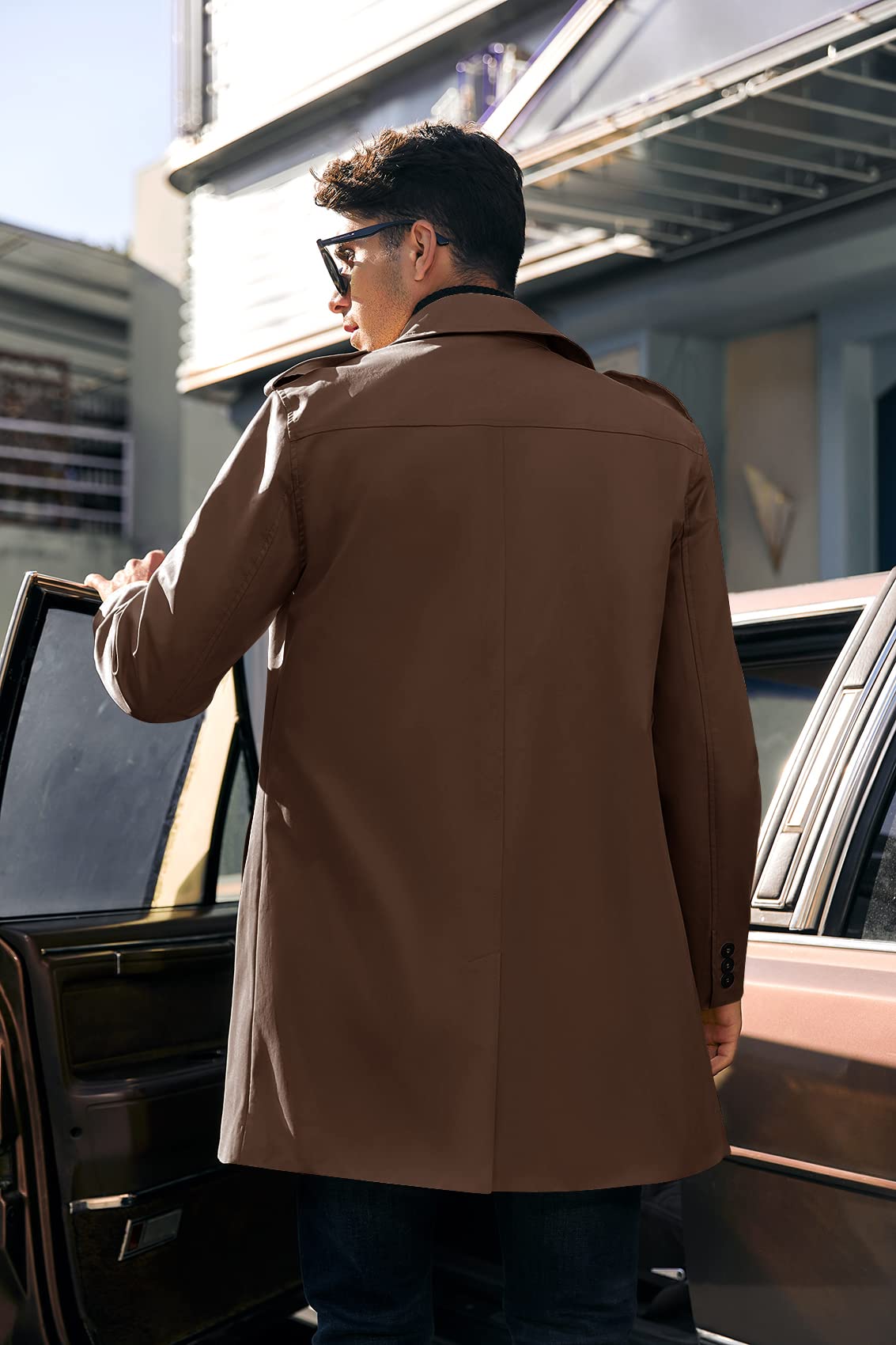 PASLTER Mens Trench Coat Notched Lapel Double Breasted Long Jacket Windbreaker Overcoat Pea Coat