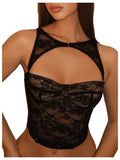 WDIRARA Women's Cut Out Lace Crop Bustier Corset Tank Top Sexy Going Out Party Club Tops Black XX-Large