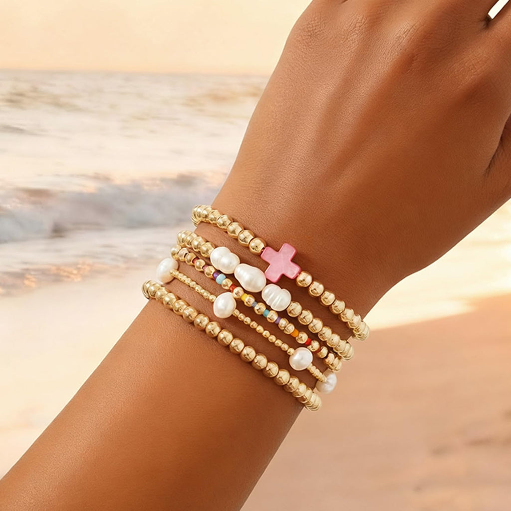 SHINUS BOHO 14K Gold Pearl Beaded Cross Bracelets Stack Set for Women,Stretch Pink Beads Ball Jewelry Friendship Summer Vacation Outfit Trendy Stocking Stuff Gift