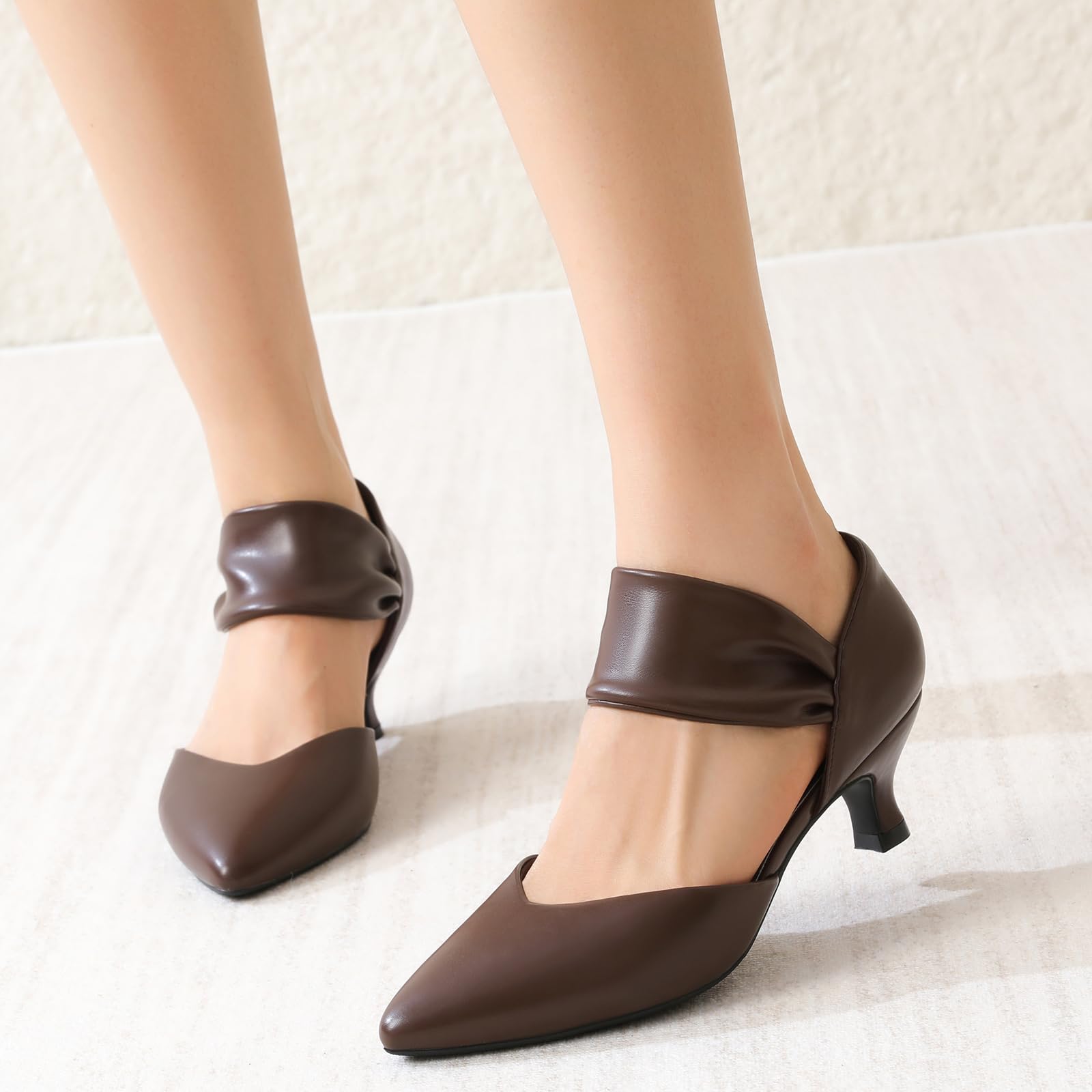 RIBONGZ Dark Brown PU Kitten Heels Comfort Prom Low Heels for Women Closed Pointed Toe Sexy Slip on Pumps Wedding Bridal Working Dressy Shoes 8.5