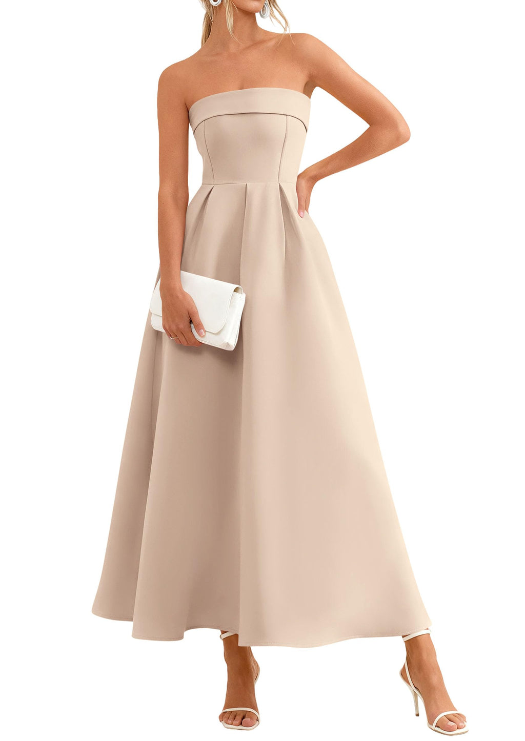 PRETTYGARDEN Cocktail Dresses for Women 2026 Summer Formal Elegant Tube Top Strapless Spring Wedding Guest Party Midi Dress(Beige,Small)