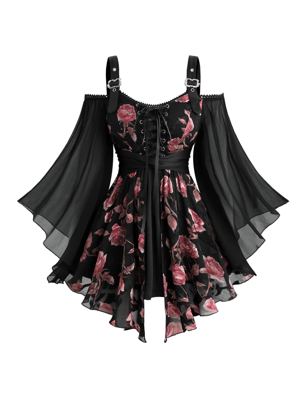 Rosegal Plus Size Women Gothic Costume T-Shirt 2 in 1 Top Cold Shoulder Chiffon Bell Sleeves Rose Flower Print Lace Up Flowy Top(Black/S)