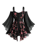 Rosegal Plus Size Women Gothic Costume T-Shirt 2 in 1 Top Cold Shoulder Chiffon Bell Sleeves Rose Flower Print Lace Up Flowy Top(Black/S)